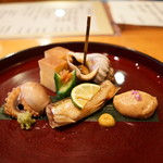 日本料理 たかむら - 玉子焼き バイ貝旨煮 本ししゃも もろきゅう 鮟肝ペースト 秋田飯蛸早煮（茹で蛸 煎り酒）