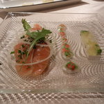 フランス料理　レ・セレブリテ - ﾉﾙｳｪｰ・ｽﾓｰｸｻｰﾓﾝのｶﾙﾊﾟｯﾁｮ 野菜のｼﾞｭﾚを添えて