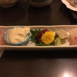 七兵衛や - お刺身カンパチ、生湯葉、子持ち昆布、スズキ。