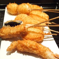 六波羅 - 串揚ランチ 1000円 のネギマ、茄子、うずらの玉子、帆立貝柱、烏賊、白身魚、玉ねぎ、海老