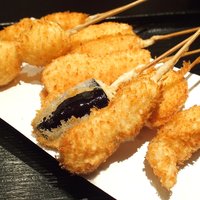 六波羅 - 串揚ランチ 1000円 のネギマ、茄子、うずらの玉子、帆立貝柱、烏賊、白身魚、玉ねぎ、海老