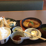 うお坐 - カツとじ煮と天ぷら盛り合わせの定食