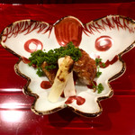 銀座 しのはら - 焼物：鰻蒲焼・ホワイトアスパラに花山椒添えて