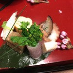 あらや滔々庵 - 菜種生ハム巻 鴨ロース 子持昆布 白山堅豆腐