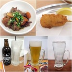 立呑み 池袋 かんぱいじゃあ! - 牛すじ煮込み￥300/串揚げ（豚）/￥100/ホッピーセット￥350/アサヒスーパードライ￥350/LiKi酎￥350