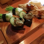 h Hikohachi - 芽ねぎ、穴子、蟹味噌