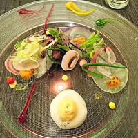 CANNA - サヨリと彩り野菜のマリネ ひよこ豆のがレット ふんわりとした雲丹とポテトのエスプーマと共に