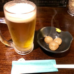 Rokku Ando Yakitori Kicchou - 生ビールとお通しの玉コンニャク