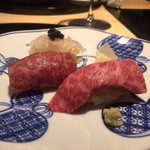 肉屋 雪月花 NAGOYA - 肉寿司(霜降り、寒平目昆布〆、キャビア)