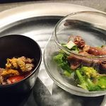 ete - 和牛ミスジとウニのマリネ、菜の花、うど、ホタルイカ