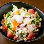 Gooey soft-boiled eggs and Caesar salad