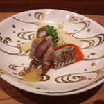 小柳寿司 - 八女の筍・北海道のつぶ貝・蛍烏賊の甘酢漬け・千葉の鰯と赤首大根