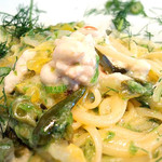 オステリア セーザモ - タラの白子とあおさのりのアーリオオーリオ リングイネ