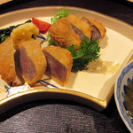 観山 - 6.和牛フライ30日熟成 久御山の山葵菜 和歌山産トマト 伏見の黄カリフラワー 紅菜苔