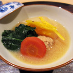 観山 - 7.炊合せ：白味噌煮 丸大根 鶏団子 金時白 ほうれん草