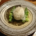 半熟卵、アスパラガス