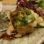 白 - 八寸：アイナメの天ぷら(卯の花使用)と筍