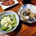 よし半 - コゴミの胡麻和え ＆ バイ貝煮