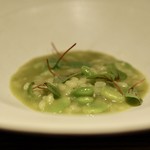 アカ - スナップえんどうのカルドソ （お米のスープとハマグリ出汁の雑炊）