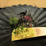 白 - 6】焼物:若草山焼 黒牛蒡 焼き蕪 香味味噌 筍 芽キャベツ たらの芽(2017.１月下旬)