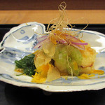 白 - 4】揚物：葱尽くし 新からすみ(青ネギ素揚げ 玉ねぎおろし 赤玉ねぎ 炊いた葱)(2017.１月下旬)