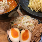 つけ麺屋 やすべえ - お得な3種盛りのトッピング。今回は、野菜とメンマはいらなかったな('17/05/16)