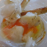 Shin Harada - ホワイトアスパラガスと温度卵のパルミジャーノ風味；アップ；卵とろとろ～