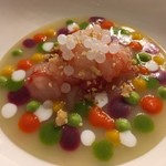 Ristorante La Smarrita - ガンベロ・ロッソとスフェリカス(魚のフォン)、ペペローネ、そら豆、ジャガイモ、ビーツ、南瓜