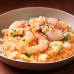 Tomato cream risotto with plump shrimp and avocado