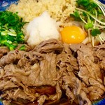 讃岐うどん はるしん - 肉ぶっかけうどんのアップ。ビジュアルもいい。