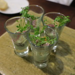 セルサルサーレ - 鰹と水茄子、ジュンサイのカクテル 胡瓜とサワークリーム マスタード・スプラウト