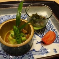 日本料理 ながおか - ◆【前菜】　筍とアスパラとコーン　蕨（わらび）と海ソーメン 蕨はご主人がＧＷに摘まれたものだそう。