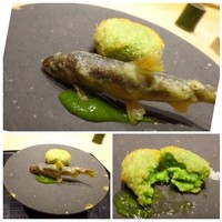 日本料理 ながおか - ◆【揚物】　稚鮎　えんどう豆 稚鮎は薄くお味をつけて揚げ、蓼酢で頂きます。食感もいいですね。 えんどう豆のフライもツマミに最適。