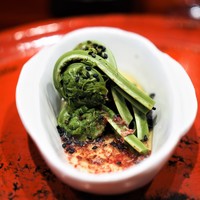 草喰 なかひがし - こごみのお浸し　鹿の干しすね肉粉　黒ゴマ