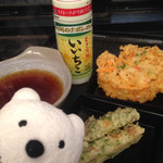 つるや - ちくわ天、野菜かき揚げ＆いいちこ Fish Paste Cake Tempura, Mixed Vegetable Tempura & Iichiko Barley Shochu