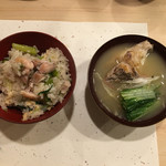 旬菜 おぐら家 - 大山鶏とアスパラの炊き込みご飯とセイゴの潮汁