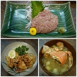 Hamashin - 鰯のなめろう、やりいかゲソ唐揚げ、サービスの蟹汁