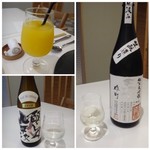 食堂セゾンドール - ◆この日いただいたドリンク。 車で行きましたので主人は「オレンジジュース（700円：外税）」 私は「醸し人九平次（90ｍｌ：500円：外税）」と「天吹　純米大吟醸　中汲み（90ｍｌ：600円：外税）」を。