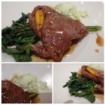 食堂セゾンドール - ＊パウダー状の山葵が添えられています。 ＊程よい厚みで柔らかいイチボですね。 すき焼き風と言っても甘辛いお味ではなく、 オイスターソースに似た味わいに少し甘みを足したように感じましたが、これも美味しいお味付ですね。