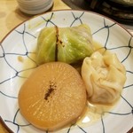 常夜燈 - ロールキャベツ、シュウマイ、大根（大根は黒七味をつけて）