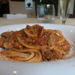 Casa del cibo - グラニャネージのスパゲッティ 佐助豚ホルモンとンドゥイヤのトマトソース ルカーニア風