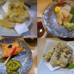 割烹くずし 徳多和良 - 【税込み価格】はも天ぷら432円・みる貝刺し432円・紅鮭ハラス焼き324円・ほたるいか天ぷら324円