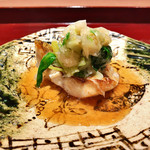 二条城ふる田 - 5】のどぐろ炭火焼 柑橘酢と出汁 うるい/花山葵/大根おろし和え(2017.4月)