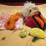 二条城ふる田 - 4】造り:和歌山ケンケン鰹炙りトマト挟み  和歌山加太の鯛 根室 丸勢のウニ(2017.4月)