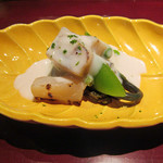 二条城ふる田 - 1】タイラギ貝柱と山菜 タイ白子ソース こごみ 蕨 菜の花 スナップエンドウ(2017.4月)