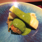 二条城ふる田 - 7】筍(大原野)炭火焼 蓬麩のフライ 木の芽味噌がけ(2017.4月)