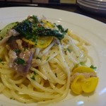 ノムカ+cafe - ◆メインはパスタ（日替わりのツナと旬野菜のクリームパスタ）を。 少し量が少なめでしたのでよかった。(^^;) クリームソースは軽い味わいですので食べやすいですね、ツナもタップリで美味しいパスタ。