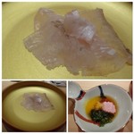 鮨 さかい - 鰈の肝、黄身酢、ポン酢に葛でとろみをつけたタレを混ぜ合わせ付けていただきますが、 このタレが美味しいこと。