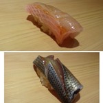 鮨 さかい - ◆上：金目（銚子）・・い日寝かした品で、これ美味しい。皮目の間の脂が上品ですし、甘みを感じます。 ◆下：コハダ（天草）・・強めに塩で〆られたそうですが、頂くと丁度いい〆加減。