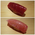 鮨 さかい - ◆上：赤身ヅケ・・づけ誰のお味もよく、赤身自体も美味しい。 親方によるとこちらのシャリと一番相性がいいそうですよ。 ◆下：大トロ・・上品な脂を感じ好み。